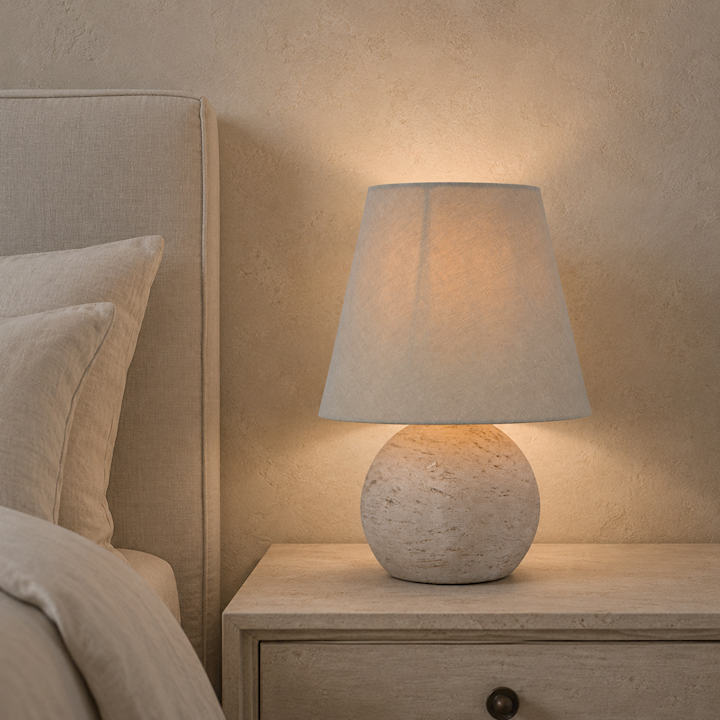 WHITE WASH TABLE LAMP WITH OATMEAL SHADE 30cm